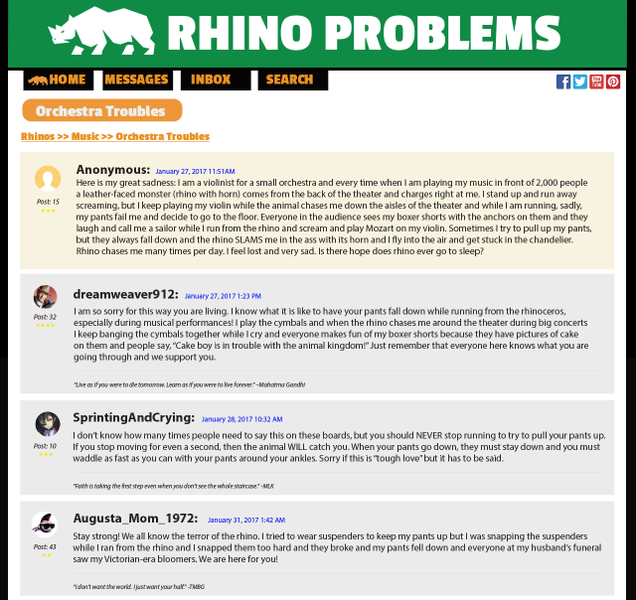 Illustration for article titled Beautiful: This Internet Message Board For People Whose Pants Keep Falling Down While They’re Getting Chased By Stampeding Rhinos Shows The Healing Power Of Online Communities
